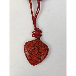Vintage Carved Cinnabar Floral Heart Pendant Necklace